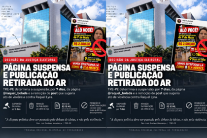 Justiça Eleitoral manda suspender página e retirar do ar publicação que sugeria uso da violência contra Raquel Lyra.