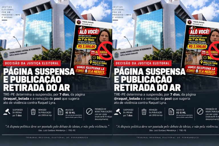 Justiça Eleitoral manda suspender página e retirar do ar publicação que sugeria uso da violência contra Raquel Lyra. Justiça Eleitoral manda suspender página e retirar do ar publicação que sugeria uso da violência contra Raquel Lyra.
